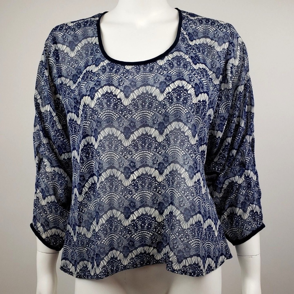 COLLECTIVE CONCEPTS Blue White 3/4‎ Sleeve Sheer Blouse Womens Size S Small